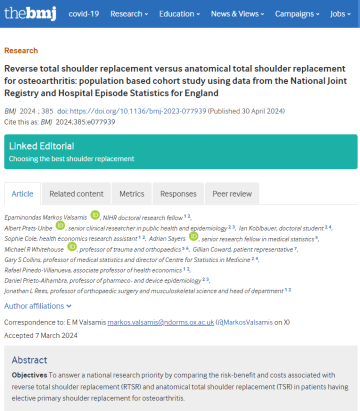 Screenshot of paper titled: Reverse total shoulder replacement versus anatomical total shoulder replacement for osteoarthritis: population based cohort study using data from the National Joint Registry and Hospital Episode Statistics for England