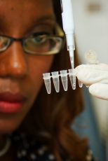 A female scientist is using a pipette to fill test tubes she is holding