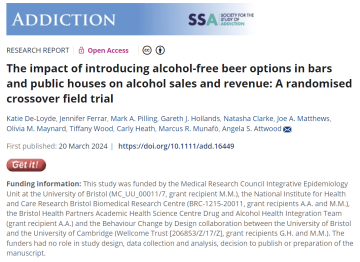 Screenshot of paper titled: Impact of introducing alcohol-free beer options in public houses on alcohol sales and revenue: A randomised crossover field trial