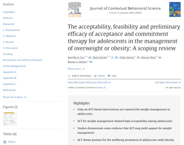 Screenshot of paper titled: The acceptability, feasibility and preliminary efficacy of acceptance and commitment therapy for adolescents in the management of overweight or obesity: A scoping review