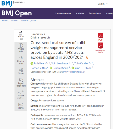 Screen shot of the BMJ Open paper Cross-sectional survey of child weight management service provision by acute NHS trusts across England in 2020/2021