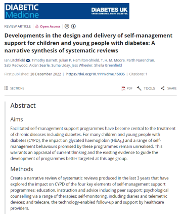 Screenshot of paper about developments in the design and delivery of self-management support for children and young people with diabetes