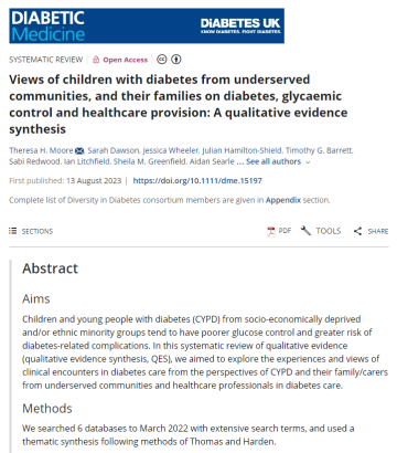 Screenshot of paper about the views of children with diabetes from underserved communities on diabetes