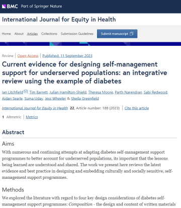Screenshot of paper about current evidence for designing self-management support for underserved populations with diabetes