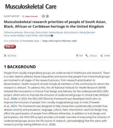 Screenshot of paper titled: Musculoskeletal research priorities of people of South Asian, Black, African or Caribbean heritage in the United Kingdom