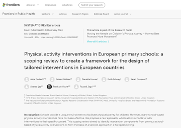 Screenshot of journal article titled: Physical activity interventions in European primary schools: a scoping review to create a framework for the design of tailored interventions in European countries