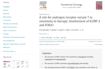 Screen shot of paper entitled A role for androgen receptor variant 7 in prostate cancer