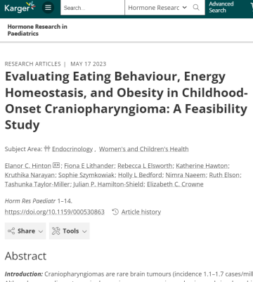 Screenshot of the paper Evaluating Eating Behaviour, Energy Homeostasis, and Obesity in Childhood-Onset Craniopharyngioma: A Feasibility Study