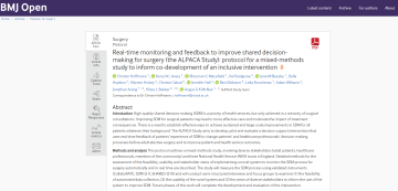 Screenshot of paper titled: Real-time monitoring and feedback to improve shared decision-making for surgery (the ALPACA Study): protocol for a mixed-methods study to inform co-development of an inclusive intervention