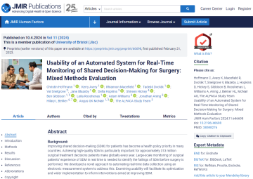 Screenshot of paper titled: Usability of an Automated System for Real-Time Monitoring of Shared Decision-Making for Surgery: Mixed Methods Evaluation