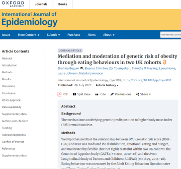 Mediation and moderation of genetic risk of obesity through eating behaviours in two UK cohorts paper screenshot