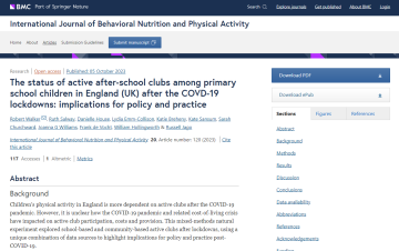Screenshot of paper about status of active after-school clubs among primary school children in England after the COVID0-19 pandemic