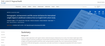 Screenshot of paper titled: Demographic, socioeconomic and life-course risk factors for internalised weight stigma in adulthood: Evidence from and English birth cohort study