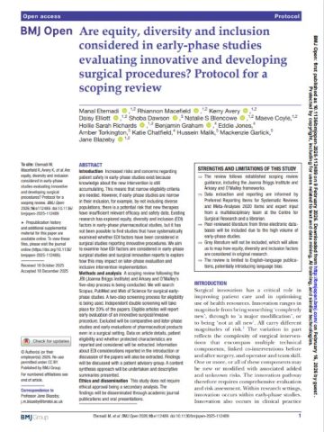 Screenshot of the research paper on the protocol for a scoping review of EDI considerations in surgical studies
