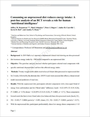 Screenshot of the research paper showing that consuming an unprocessed diet reduces energy intake