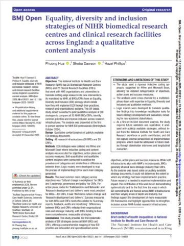 Screenshot of the research paper on equality, diversity and inclusion strategies at NIHR Biomedical Research Centres and Clinical Research Facilities