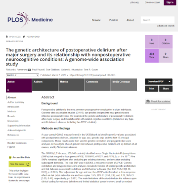 Screenshot of the paper The genetic architecture of postoperative delirium after major surgery and its relationship with nonpostoperative neurocognitive conditions: A genome-wide association study