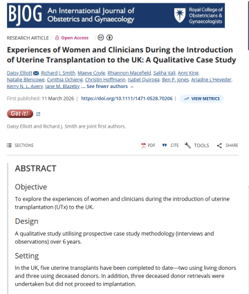 Experiences of Women and Clinicians During the Introduction of Uterine Transplantation to the UK: A Qualitative Case Study - published in BJOG