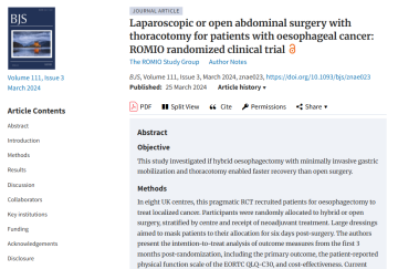 Laparoscopic or open abdominal surgery with thoracotomy for patients with oesophageal cancer ROMIO randomized clinical trial - Jane Blazeby paper