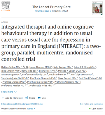 Paper titled: Integrated therapist and online cognitive behavioural therapy in addition to usual care versus usual care for depression in primary care in England (INTERACT): a two-group, parallel, multicentre, randomised controlled trial