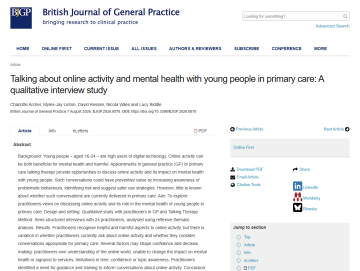 Talking about online activity and mental health with young people in primary care A qualitative interview study - Charlotte Archer paper