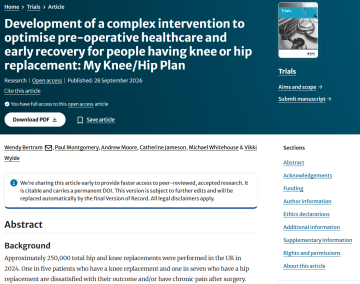 Development of a complex intervention to optimise pre-operative healthcare and early recovery for people having knee or hip replacement: My Knee/Hip Plan - Wendy Bertram paper