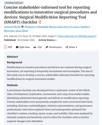 Concise stakeholder-informed tool for reporting modifications to innovative surgical procedures and devices: Surgical ModificAtion Reporting Tool (SMART) checklist - Daisy Elliott paper