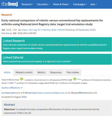 Early national comparison of robotic versus conventional hip replacements for arthritis using National Joint Registry data target trial emulation study - Andy Judge paper