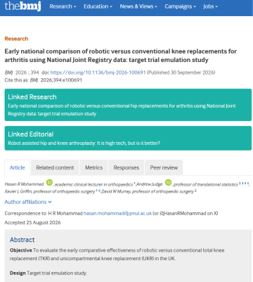 Early national comparison of robotic versus conventional knee replacements for arthritis using National Joint Registry data target trial emulation study - Andy Judge paper
